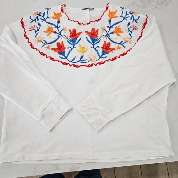 Zara Embroidered Floral Top Sweater Long Sleeve Sz Large White Boho Cottagecore - Picture 6 of 10